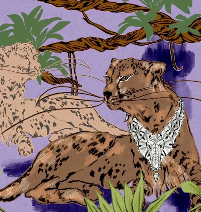 Two leopards in jungle with one wearing a decorative necklace by Elly Azizian