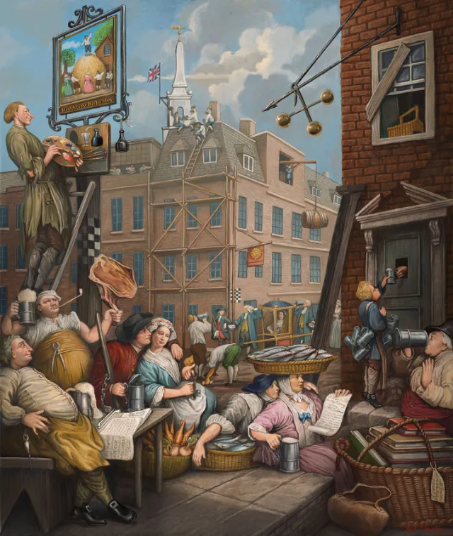 18th century town street scene with people and activities by Bob Venables