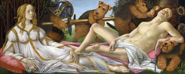 Classical woman reclining with bears around her by Bob Venables