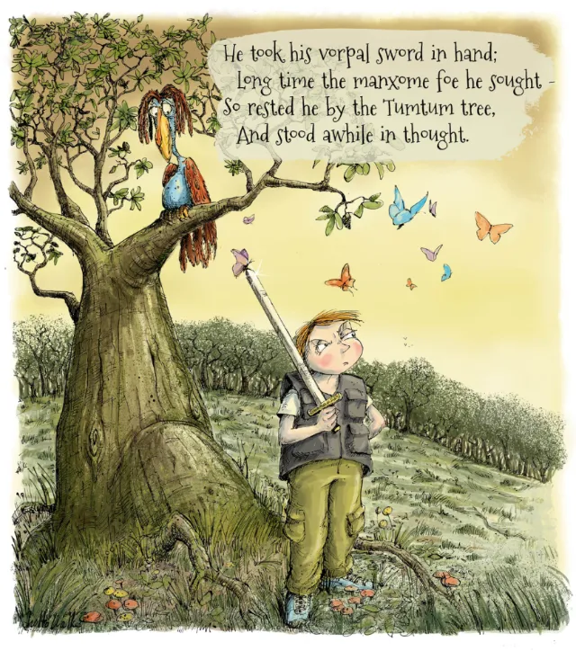 Boy with vorpal sword near tree and strange bird by Sholto Walker