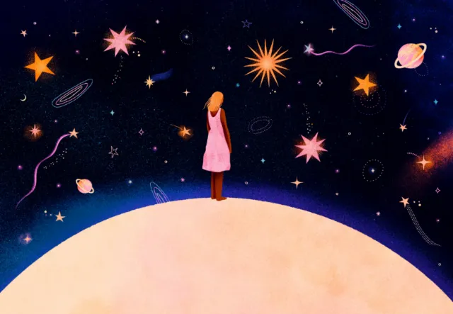 Girl in pink dress stands on a planet surrounded by stars and planets by Barbara Tamilin