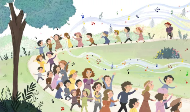 Children joyfully singing and dancing outdoors in a park by Dalia Awad