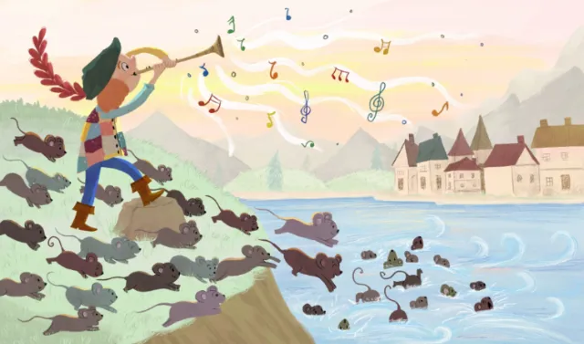 Boy playing horn to mice by a lake with village and mountains, artwork by Dalia Awad