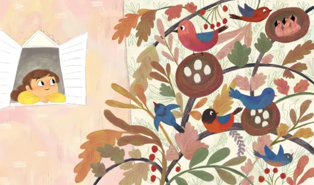 Girl watching birds in autumn tree scene by Dalia Awad