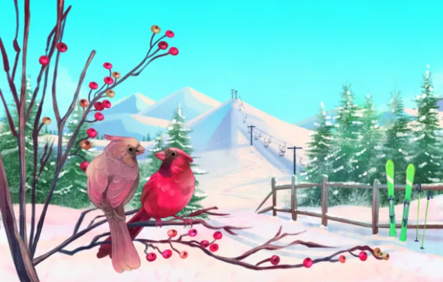 Two cardinals on a berry branch in snowy mountain landscape by Teresa Alberini