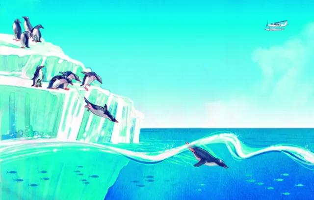 Penguins diving from ice cliff into ocean, by Teresa Alberini
