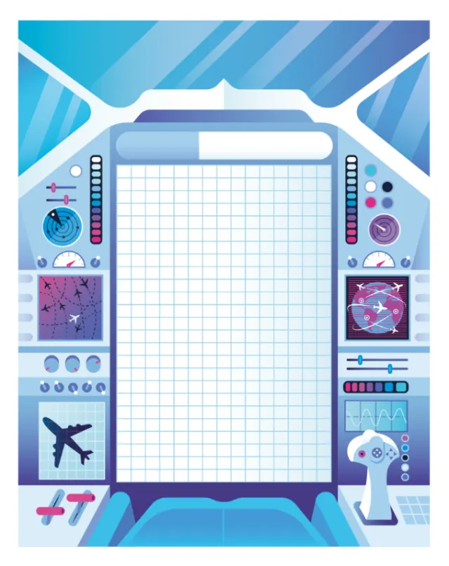 Futuristic airplane cockpit interface with grid screen and controls by Tim Bradford