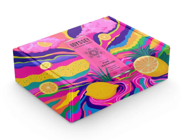 Decorative box with citrus fruit design and colorful swirling patterns by Superama