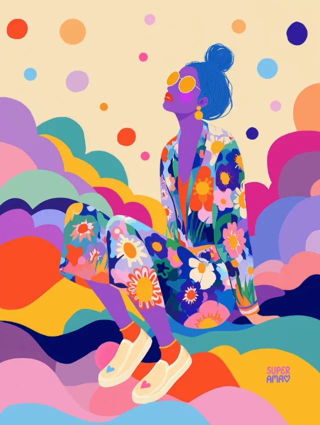 Colorful illustration of woman in floral suit by Superama