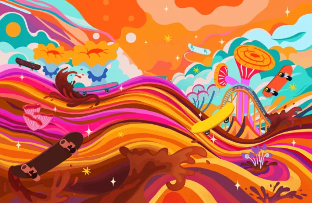 Colorful surreal abstract landscape with skateboards by Superama
