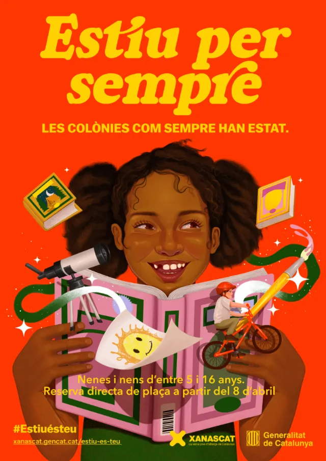 Girl reading with floating books and symbols, illustration by German Gonzalez