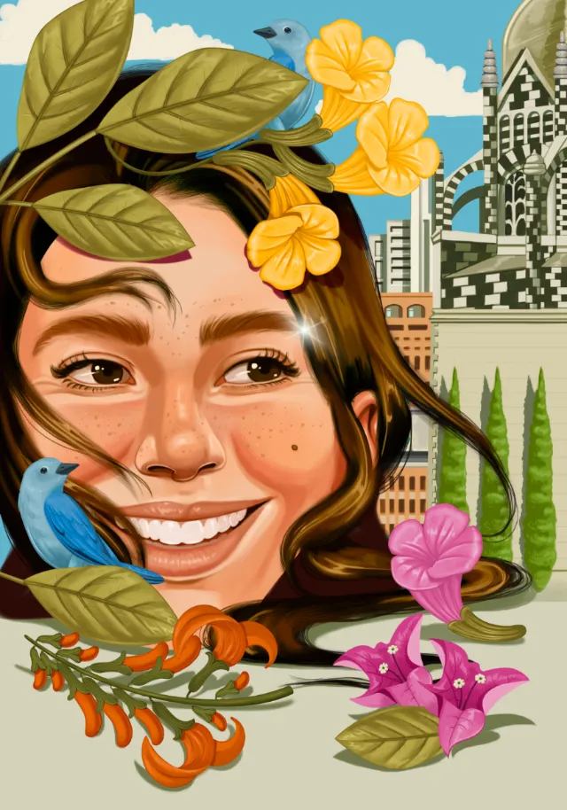 Illustration of woman with freckles surrounded by Medellín flora and architecture by German Gonzale