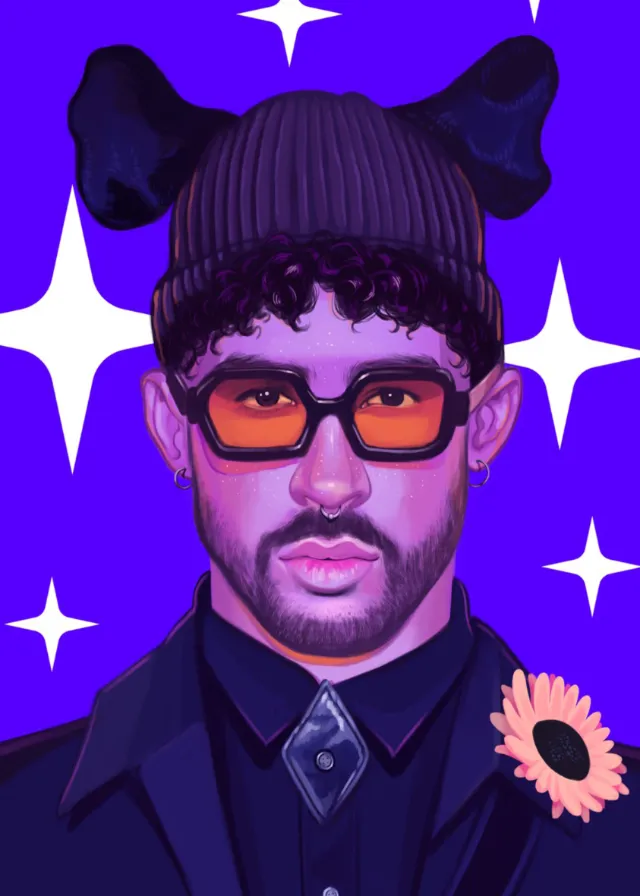 Illustration of Bad Bunny wearing beanie and glasses with stars, by German Gonzalez
