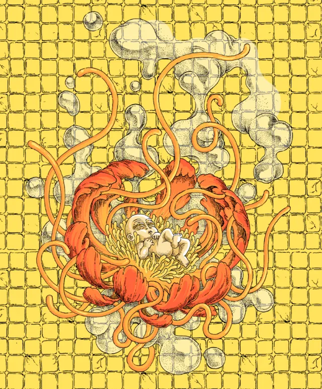 Intricate lobster and clam artwork on yellow background by Carles Garcia O'Dowd