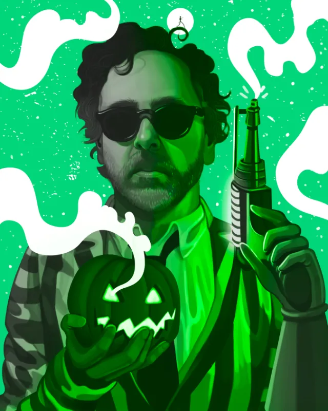 Illustration of Tim Burton with pumpkin and gun by German Gonzalez