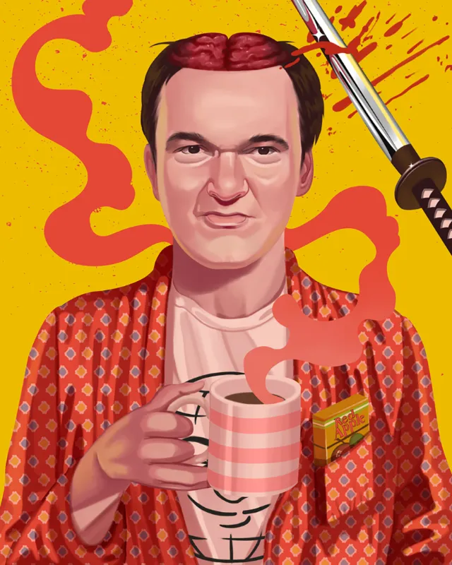 Illustration of Quentin Tarantino with Kill Bill sword and smoke by German Gonzalez