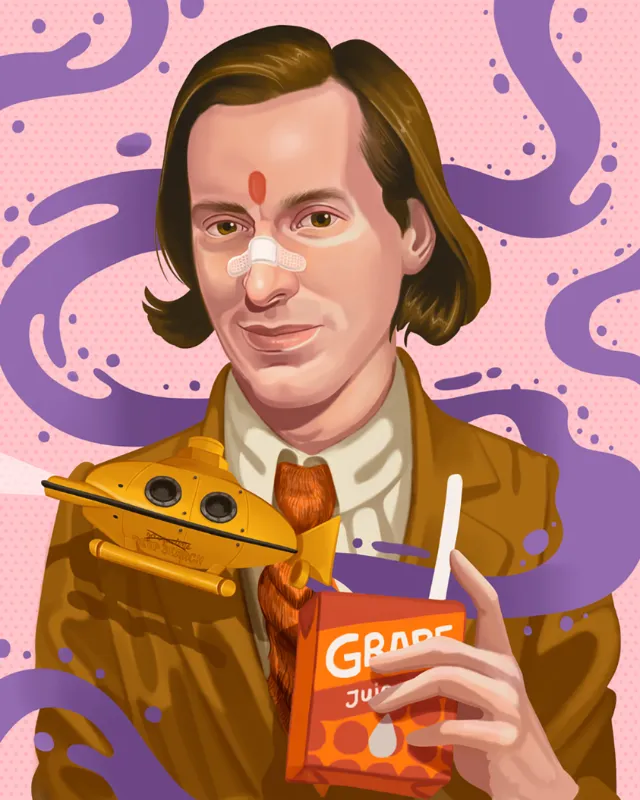 Illustration of film director Wes Anderson with yellow submarine and juice box by German Gonzalez