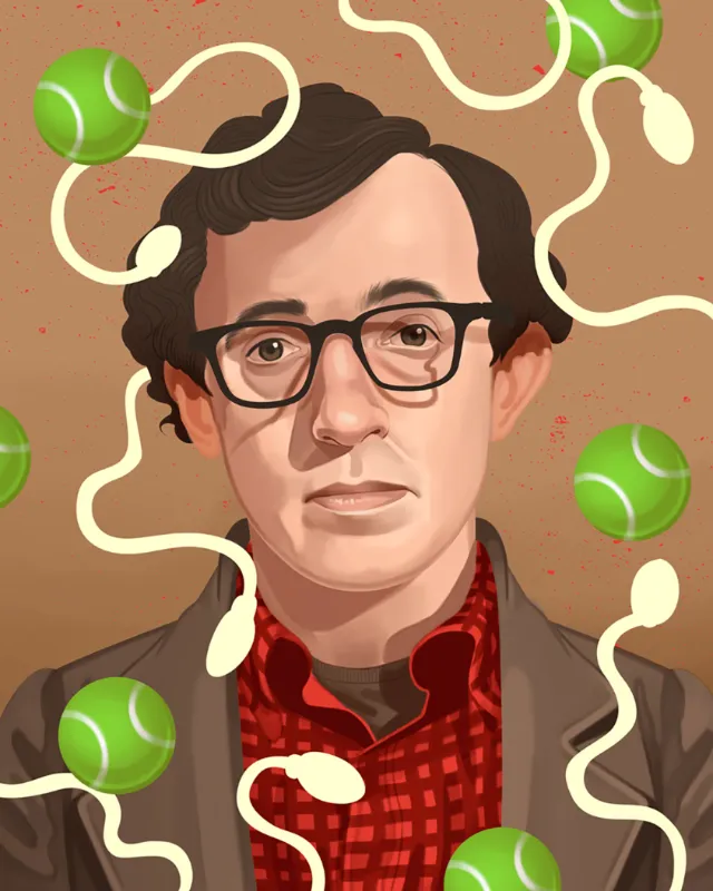 Illustration of Woody Allen with tennis balls, by German Gonzalez