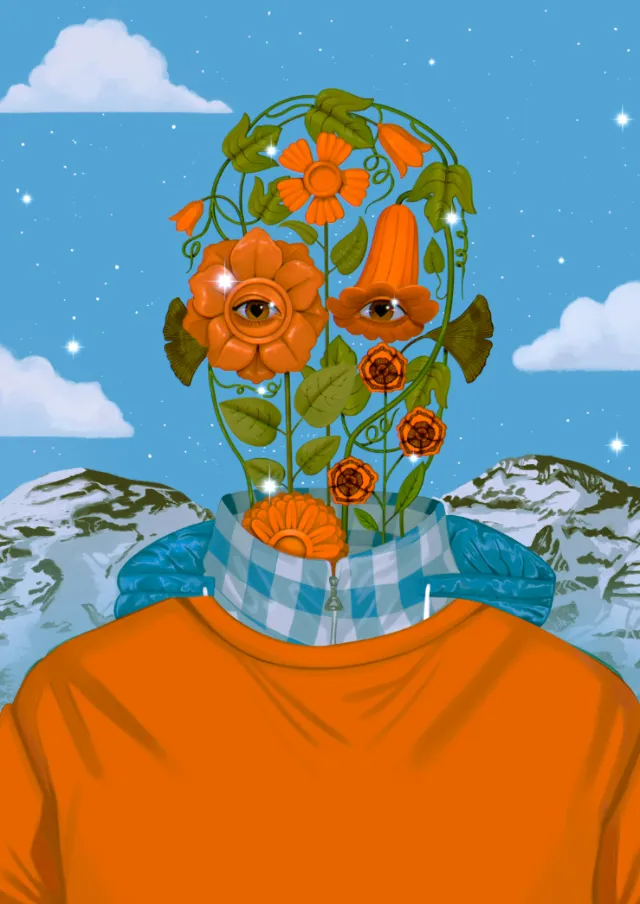 Surreal portrait with floral features and Andes mountains background by German Gonzalez