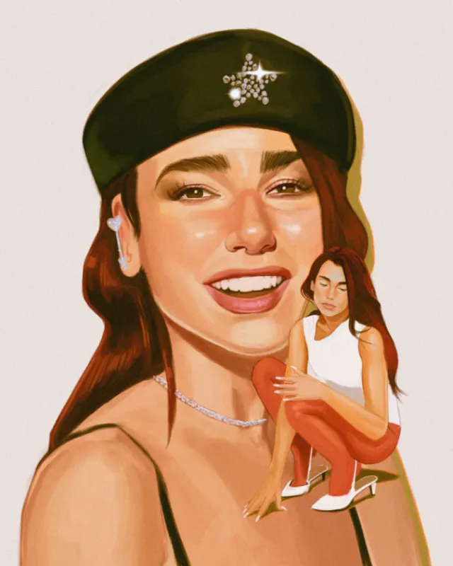 Portrait of Dua Lipa with smaller seated figure by German Gonzalez