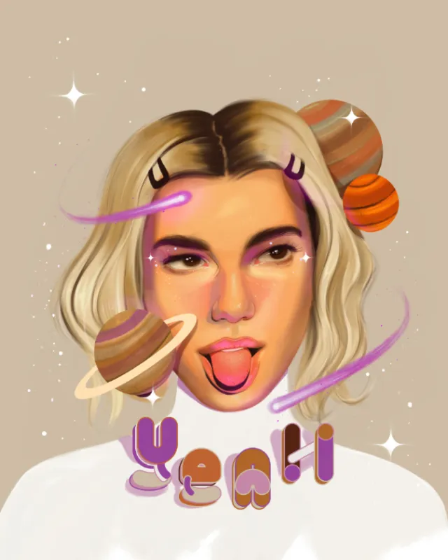 Portrait of Dua Lipa with planets and cosmic elements by German Gonzalez