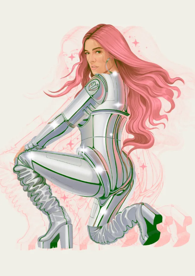 Portrait of Karol G in metallic suit with pink hair by German Gonzalez