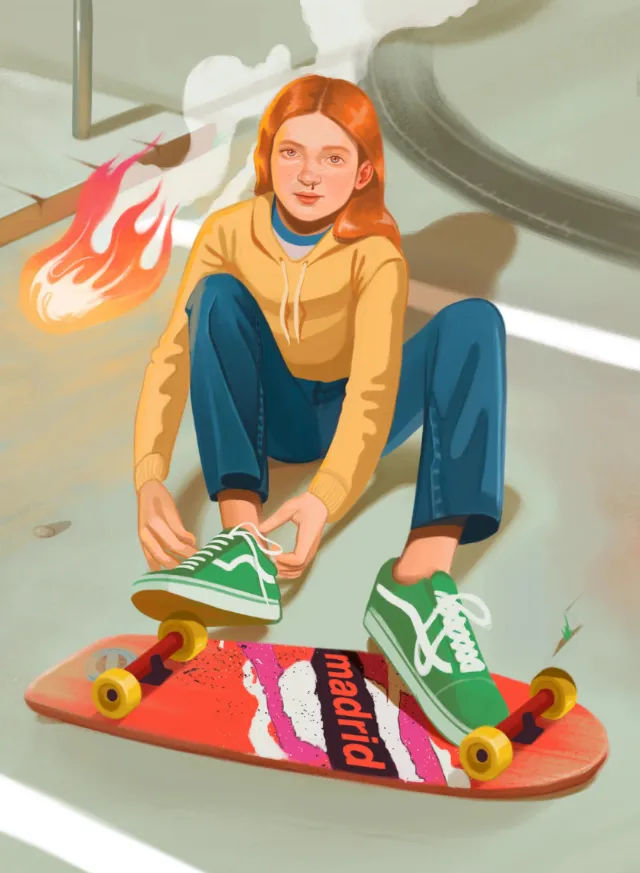 Fan art of Max from Stranger Things tying green sneakers, German Gonzalez