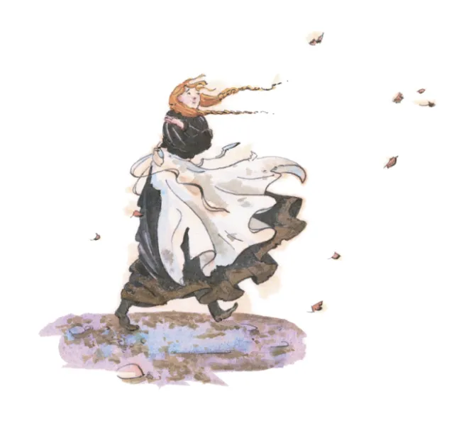 Woman in flowing dress walking in autumn wind, Marieke Nelissen
