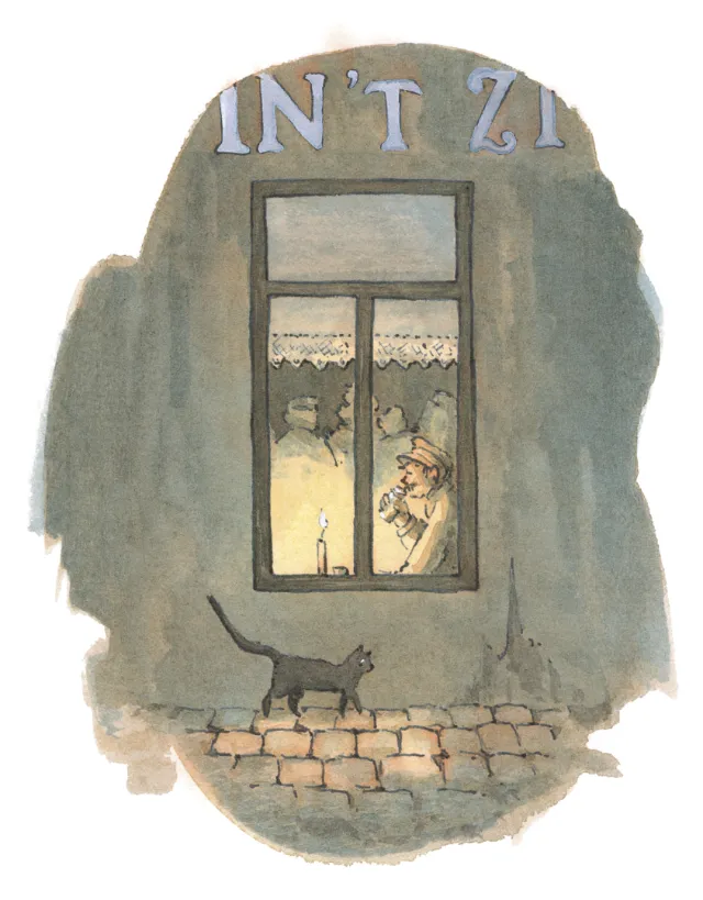 Man smoking by window with black cat walking outside, illustration by Marieke Nelissen