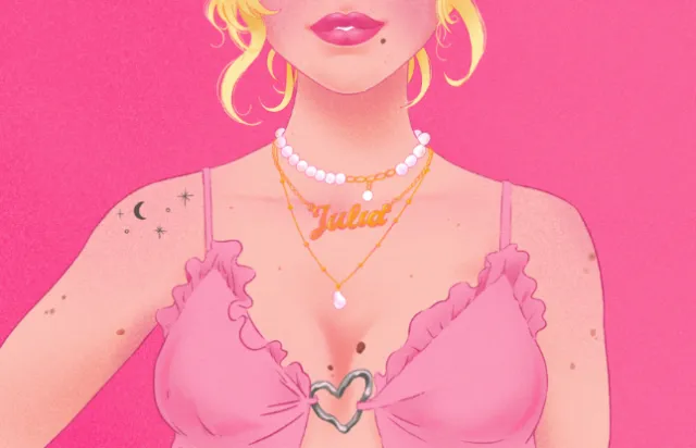 Illustration of a woman in a pink top and jewelry by Julia Prokhotskaya