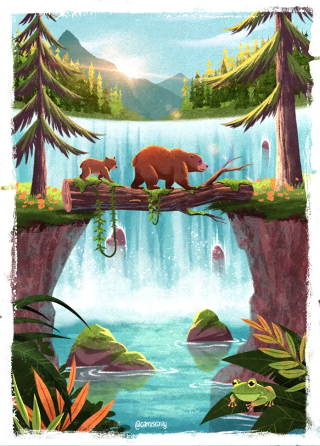 Bears fishing by a waterfall in a forest landscape by Camila Gray