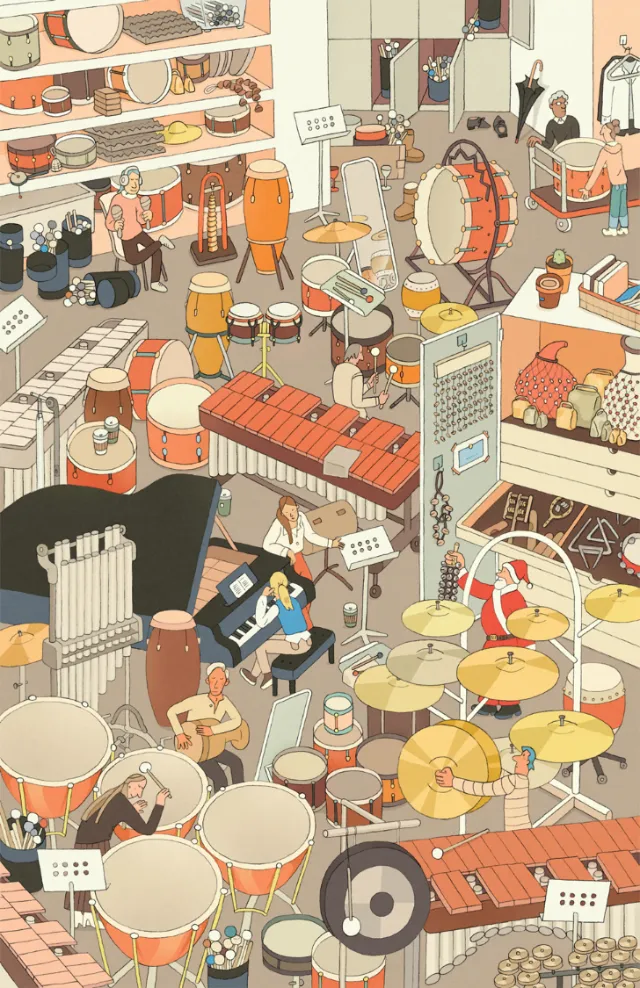 Audio-visual illustration of musicians in practice room