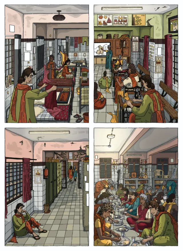 Illustration showing daily activities inside a government psychiatric care home by Jack Sweet