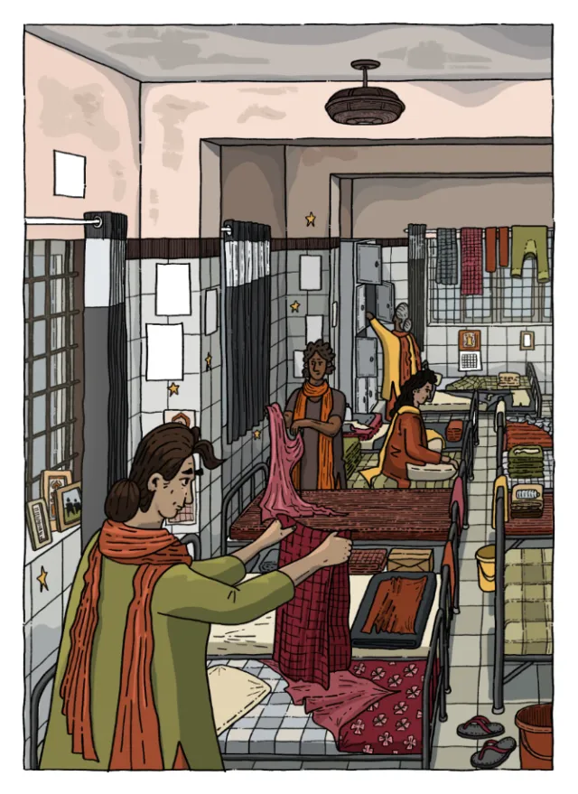 Illustration of residents performing daily activities at a psychiatric care home by Jack Sweet