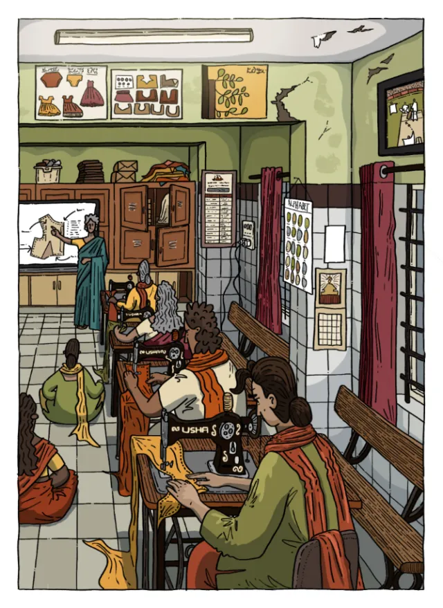 Illustration showing residents in a crowded government psychiatric home, by Jack Sweet