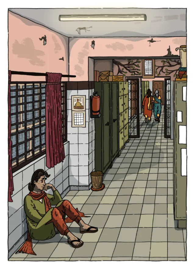 Illustration of corridor in psychiatric home with seated and walking residents by Jack Sweet