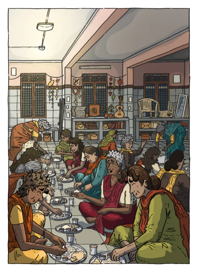 Illustration of residents eating together in a government psychiatric home by Jack Sweet