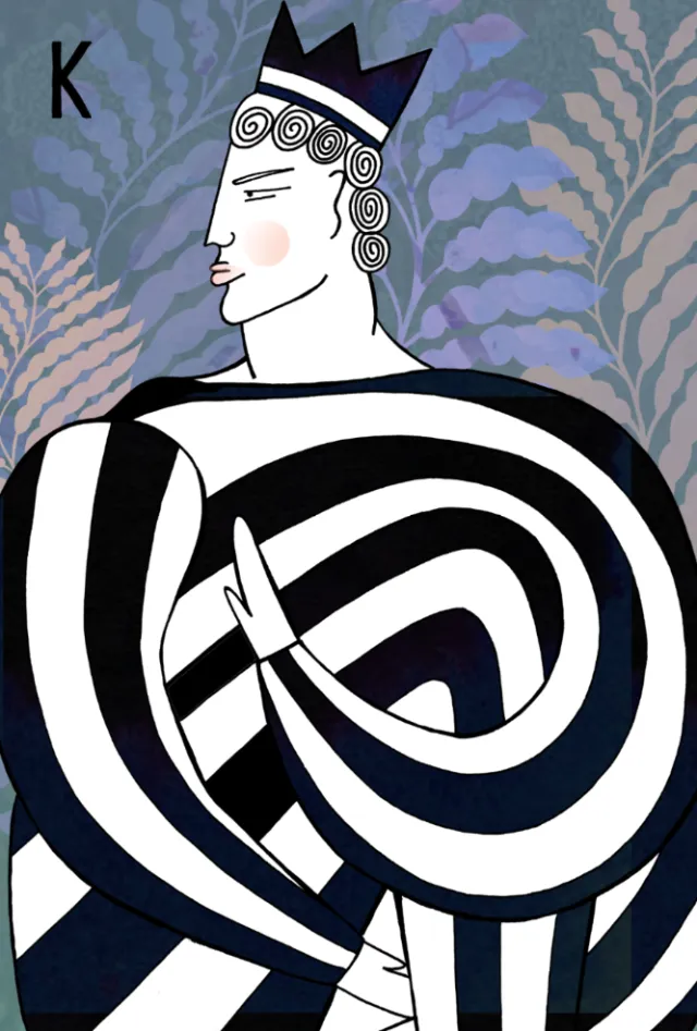 Stylized king with black and white swirled robe by Hannah Davies
