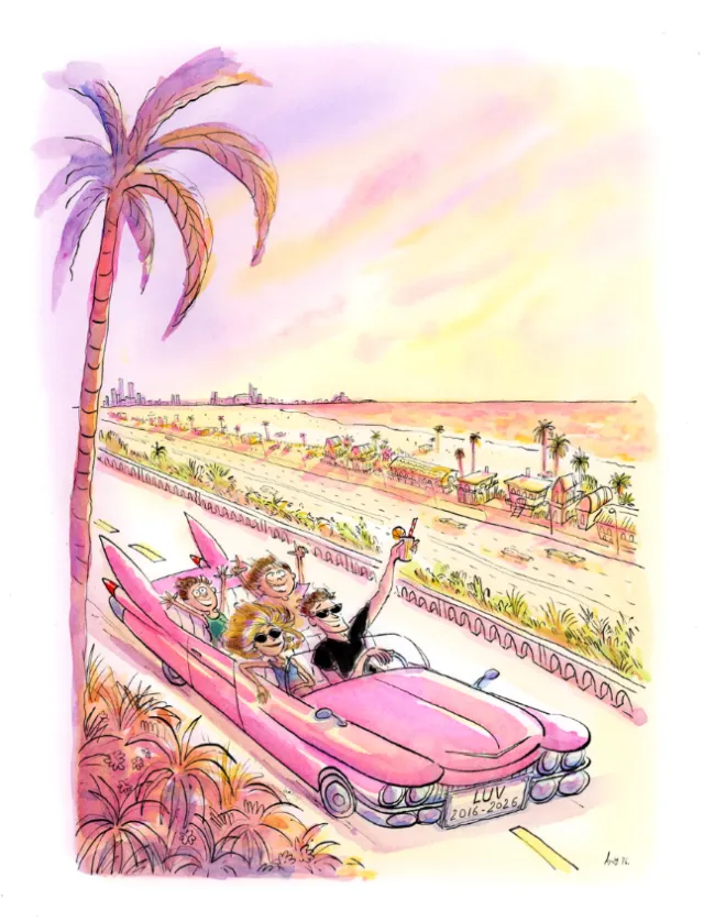 Family enjoying a drive in pink convertible car under palm tree by sunset by Agnès Ernoult