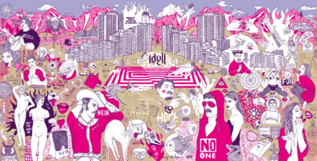 Vibrant urban collage with figures and symbols by Tobias Göbel