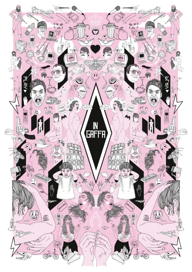 Pink and black symmetrical illustration with various figures and text 'IN GAFER' by Tobias Göbel