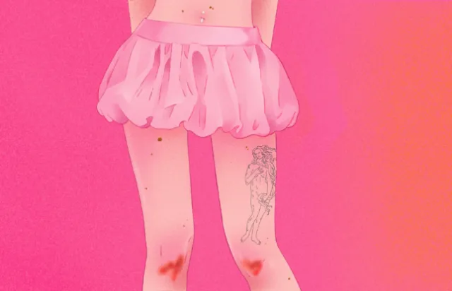 Person in pink puffy skirt and arm warmers with tattoos, digital art by Julia Prokhotskaya