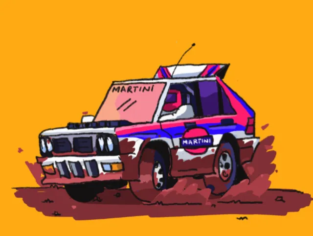Rally car with Martini decals driving on dirt terrain by Mpumelelo Bhengu