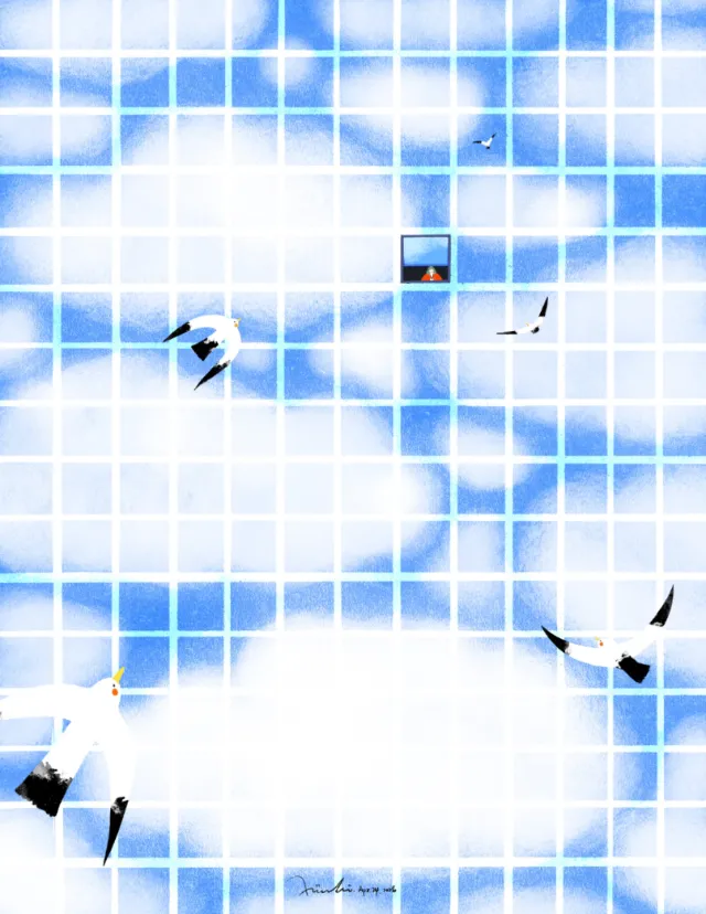 Seagulls flying across a blue sky with white clouds by Xinping Li