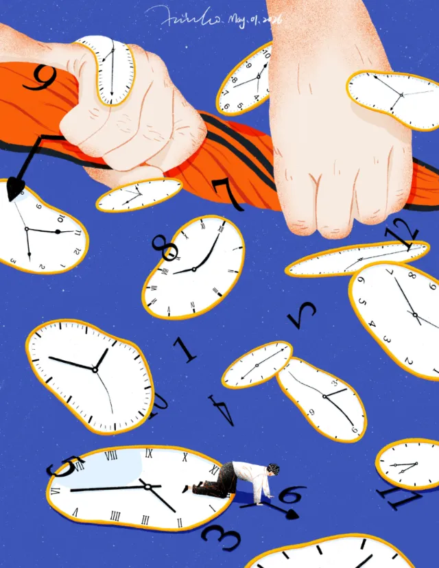 Surreal illustration with melting clocks and large hands by Xinping Li