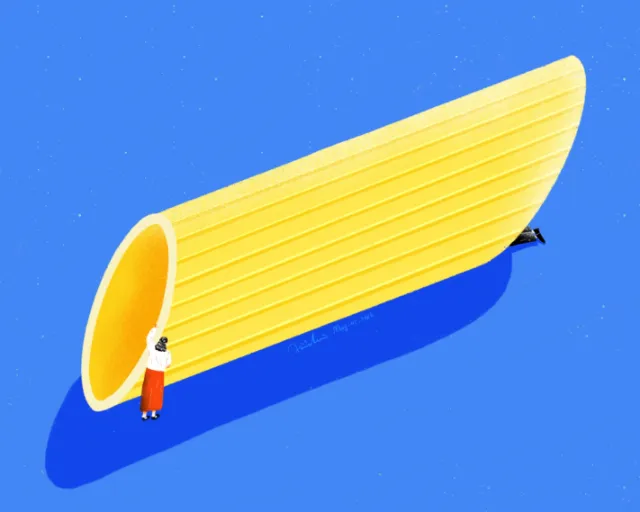 Person peeking into large yellow penne pasta tube by Xinping Li