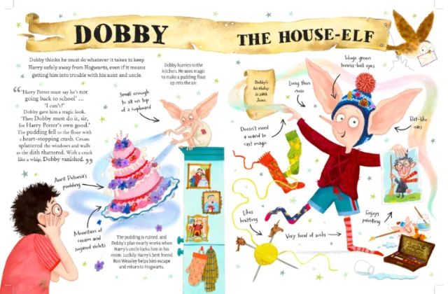 Dobby the house-elf wearing a hat and scarf in a colorful illustrated scene by Helen Brady