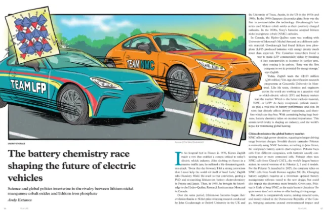 Illustration depicting two electric vehicles and battery chemistry details by Cat Sims