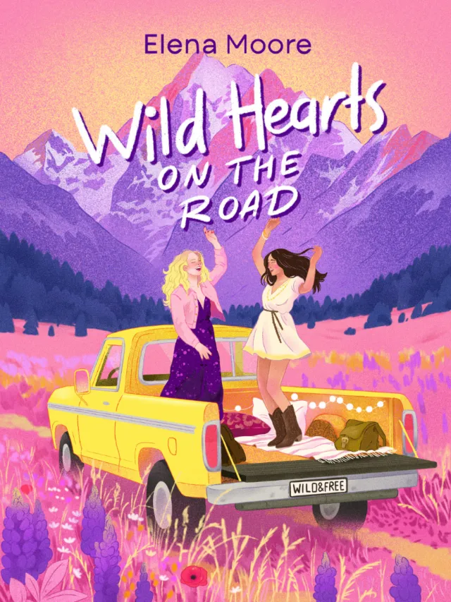 Illustration of two women on yellow truck with mountains and wildflowers by Julia Prokhotskaya