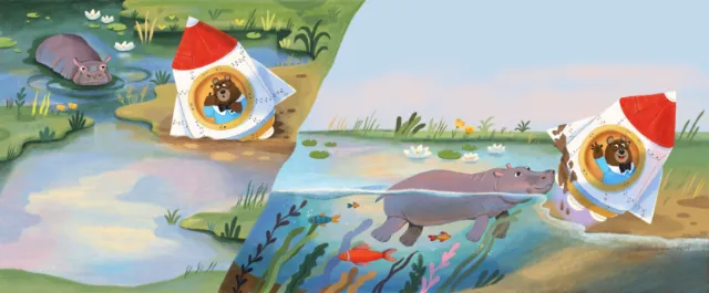 Illustration of otters playing near a river with festive hats by Tatsiana Burgaud
